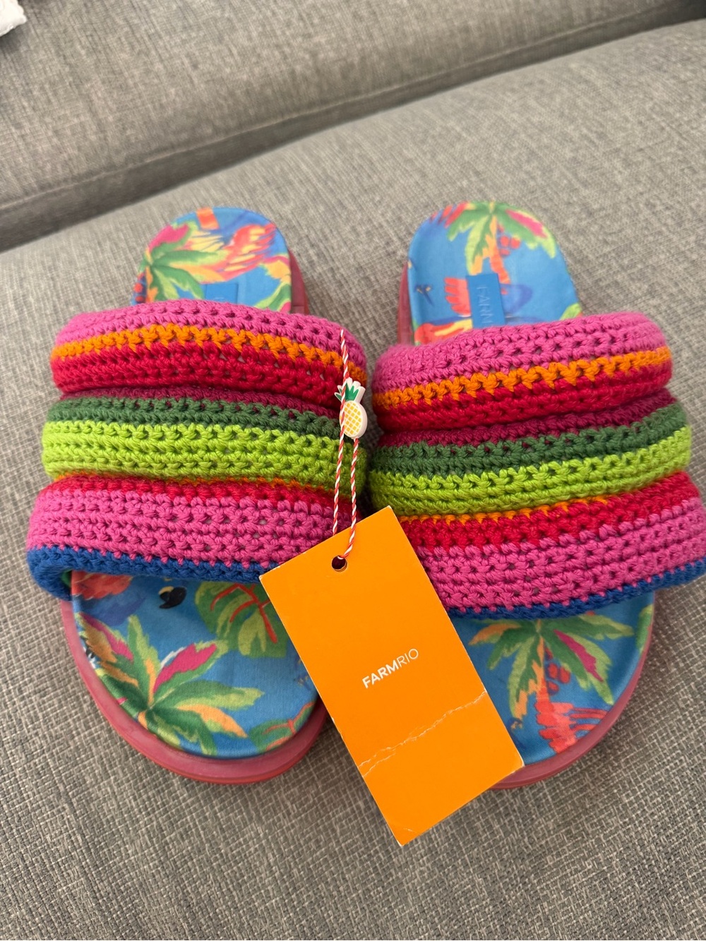 NWT Farm Rio Multicolor Crochet Slide Sandals - Pink & Green
